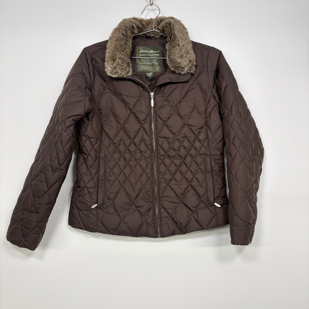 Eddie Bauer Womens Puffer Jacket Medium Brown Goose Down Faux Fur Trim Quilted
